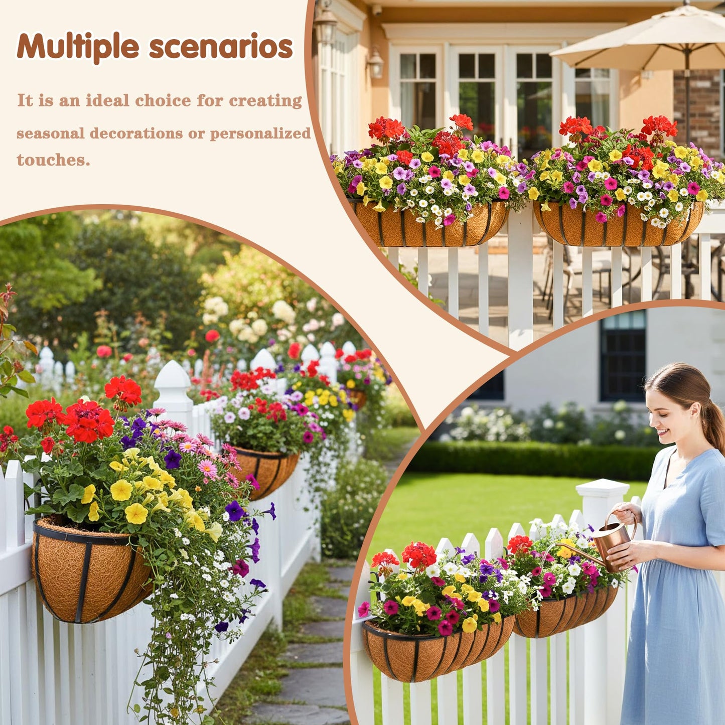 JFFLYIT 2 Pcs 24“ Railing Planter Window Box Deck Railing Planter Boxes with Coco Liner English Horse Trough Planters Metal Wall-Mounted Planters Basket for Outdoor Balcony Porch Fence Patio Rail