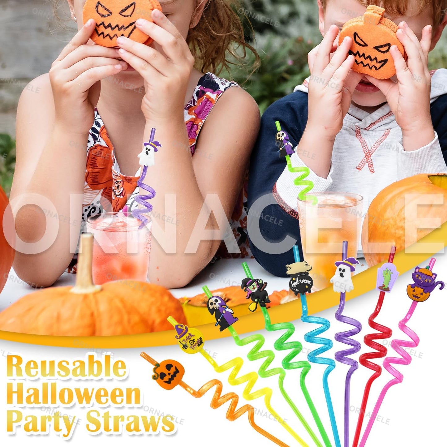 48 Pieces Halloween Reusable Drinking Straws, Grave Ghost Cats Pumpkin Witch Spider Pattern Party Favors Goodie Gifts for Kids Halloween Party Supplies