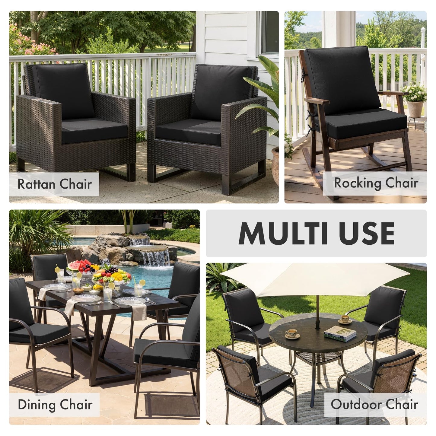 MIULEE Black Outdoor Dining Cushion 20x20 Inch Waterproof & 3 Year Color Fastness Deep Seat and Back Cushion for Patio Furniture Chair with Ties