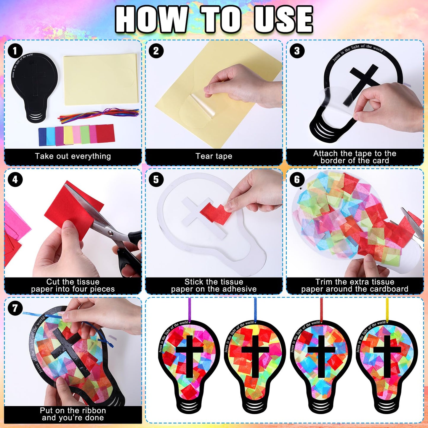 Eaasty 32 Sets 2026 Vbs DIY Jesus Light Craft Kit, Illumination Themed Christian Suncatcher Light Bulb Cross Stained Glass Art for Easter Sunday School Back to School Activities (Crafts)