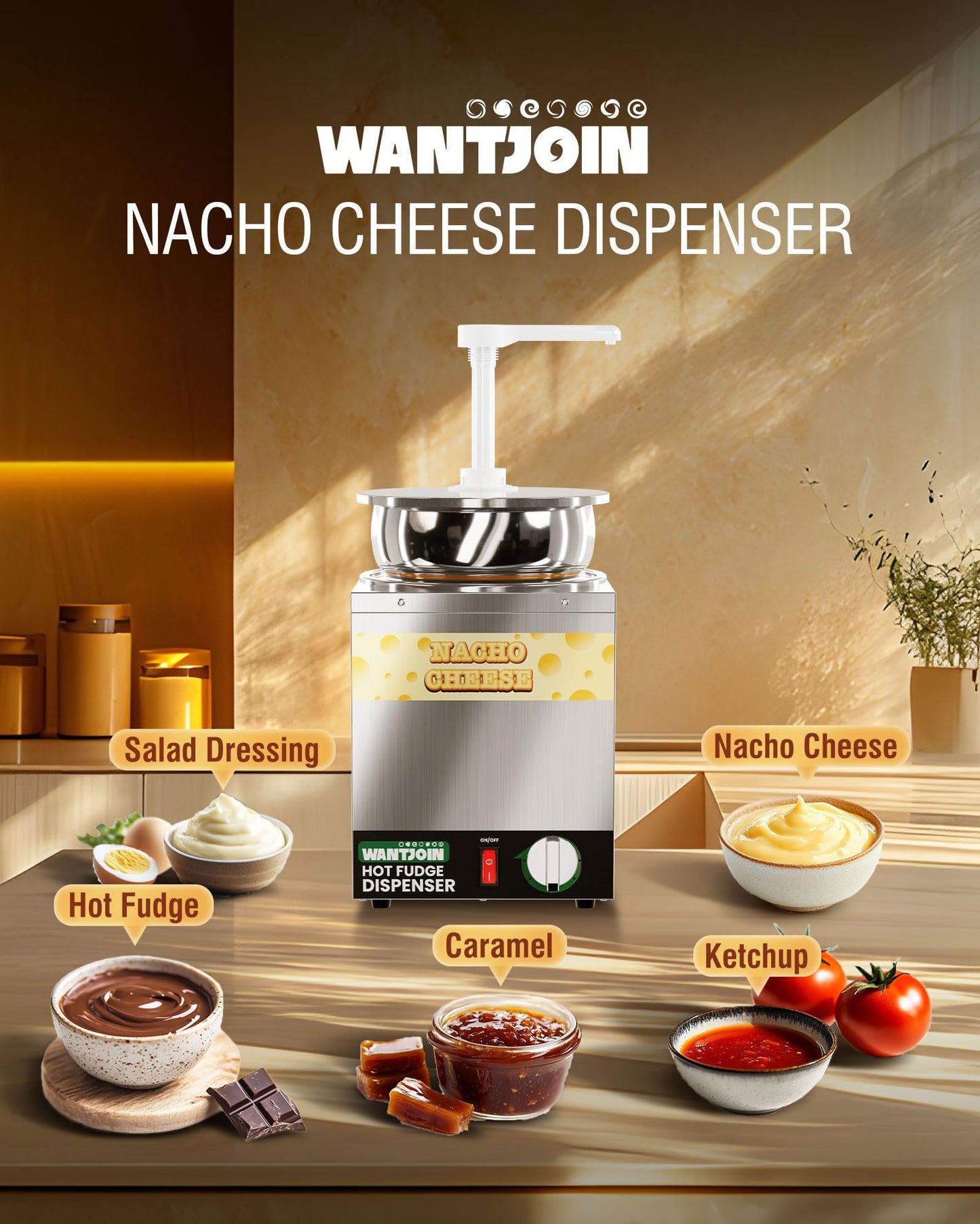 WantJoin 4.6Qt Nacho Cheese Dispenser with Pump - Nacho Cheese Warmer,Stainless Steel Hot Fudge Warmer W/5-Level Temperature Adjustment,Hot Fudge Dispenser for Hot Fudge Cheese Caramel