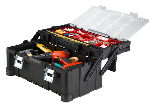 KETER 22 Inch Cantilever Plastic Portable Tool Box Organizer with Metal Latches for Small Parts, Hardware and Tool Storage and Organization