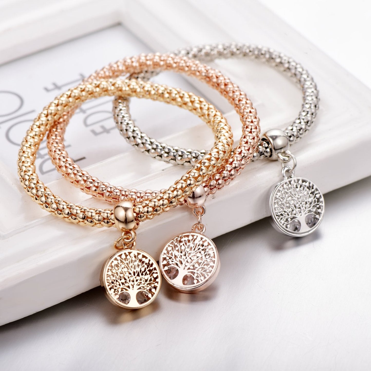 SILANER Crystal Charms Multilayer Bracelets - 3PCS Gold/Silver/Rose Gold Corn Chain Bracelet for Women, Tree of Life Heart Shaped Stretch Bracelet(Tree of Life Round Charm)