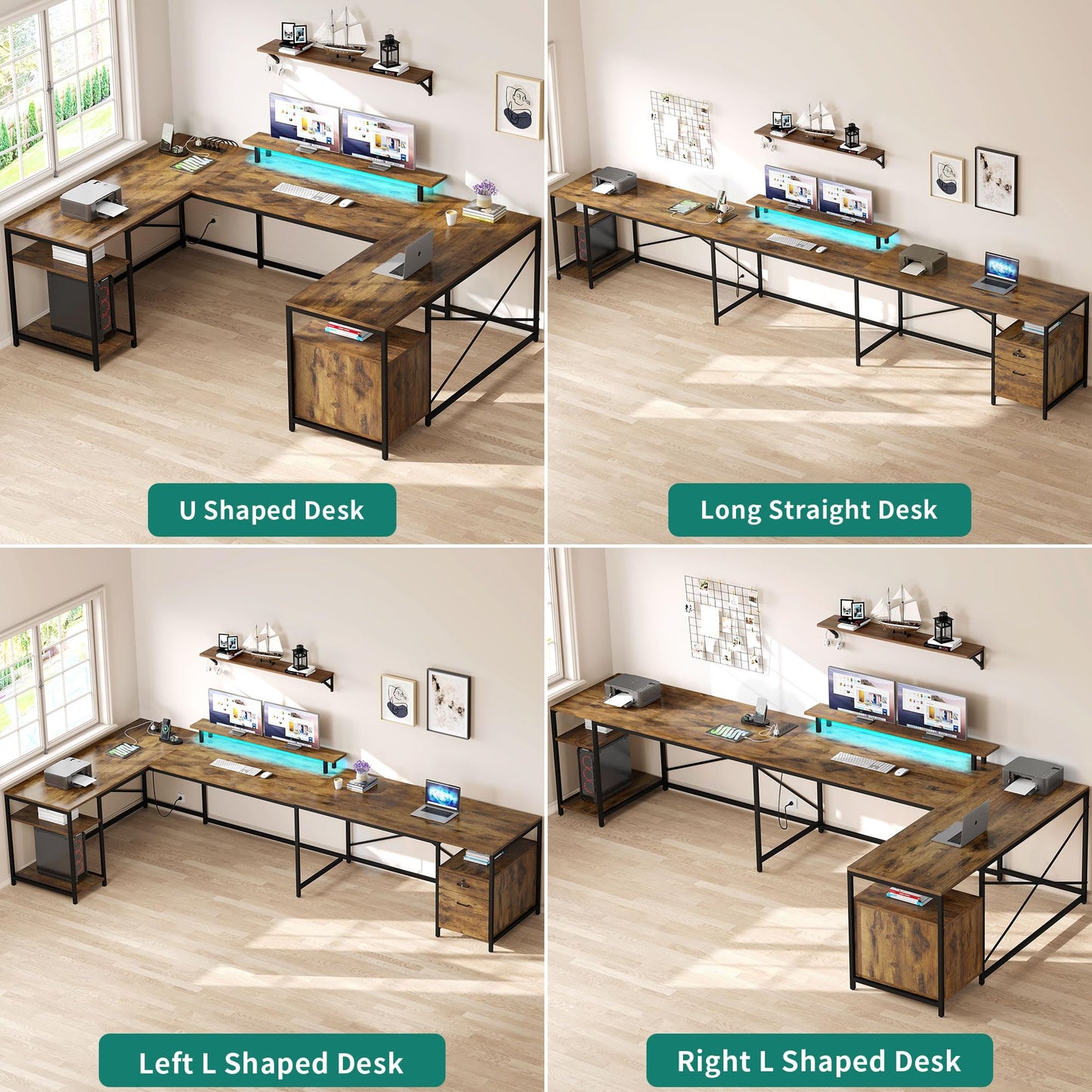 YITAHOME U Shaped Desk with Power Outlets & LED Lights, 79" Reversible L Shaped Desk with Drawers, Corner Computer Desk Office Desk with Monitor Stand & Storage Shelves, Rustic Brown
