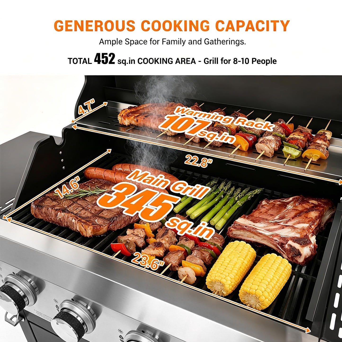 EUHOME 51,000 BTU 4-Burner Propane Gas Grill with Side Burner – Large 452 sq.in Stainless Steel BBQ Grill, Enameled Cast Iron Grates, 4 Swivel Casters & Protective Cover for Backyard Patio Family