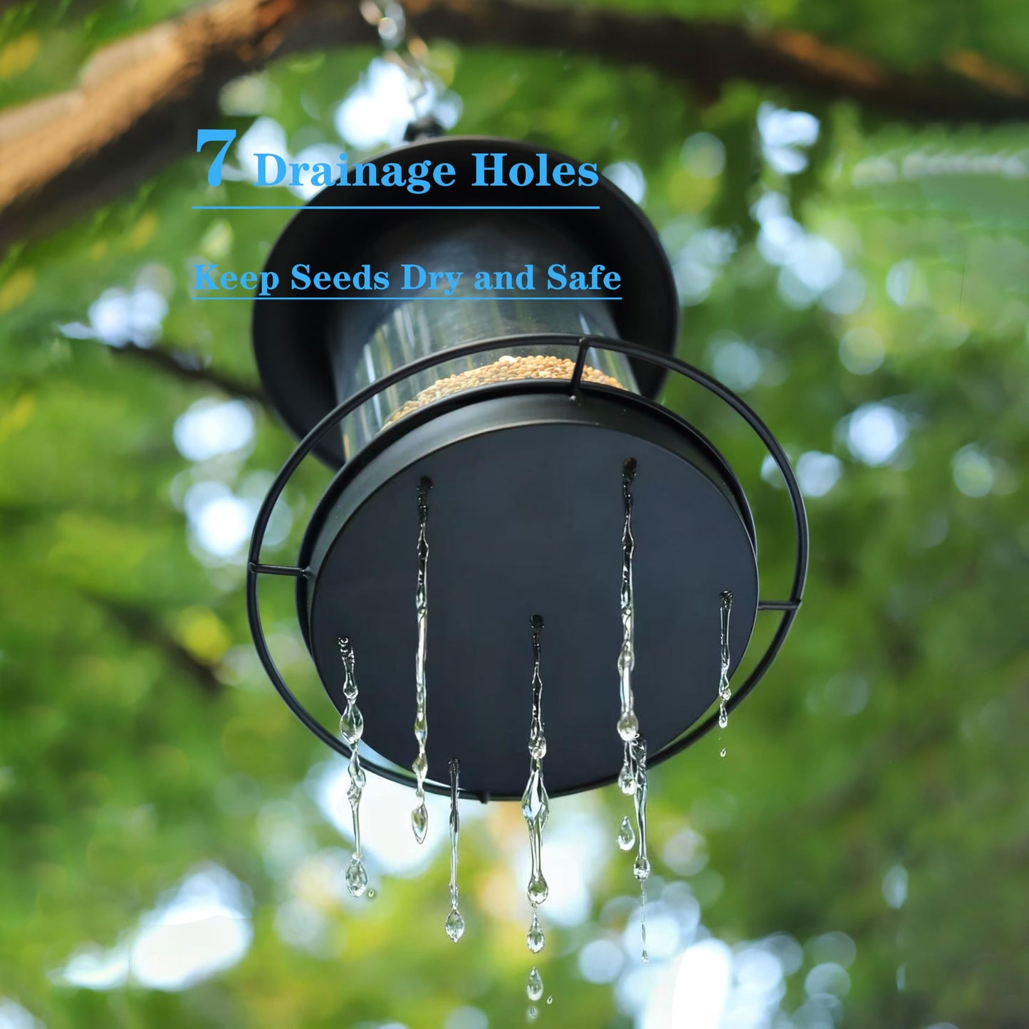 KiRuan Deco Bird Feeders for Outdoors,Hanging Bird Feeder with Locking Lid, Metal Birdfeeder with 17.5cm Weatherproof Large Roof&Tray,3 Feeding Perches,Chew-Proof, Black,1 Pack