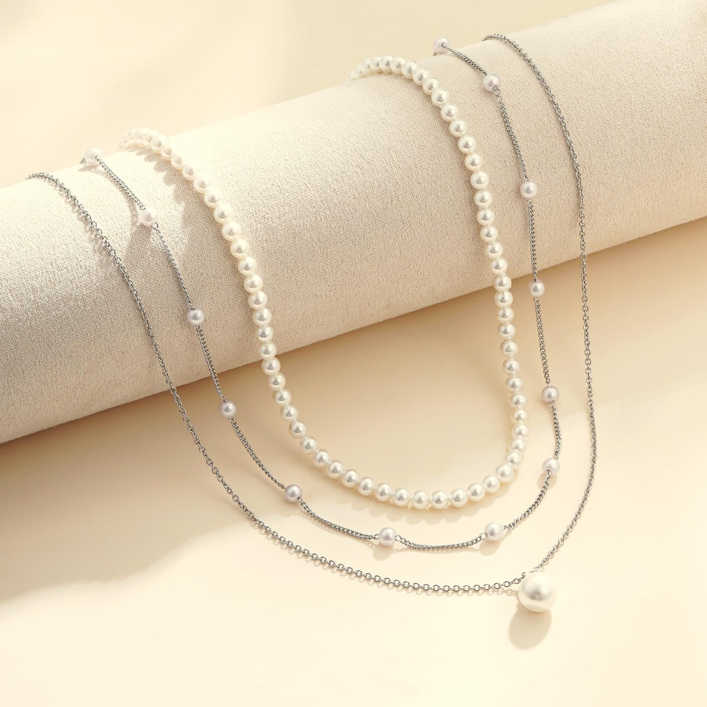 Fezodo Pearl Necklaces for Women Trendy, Dainty Silver Pearl Necklace Simple Layered Pearls Choker Necklace Stack Cute Pearls Wedding Bride Jewelry Silver Layered Necklaces for Women Jewelry Gifts