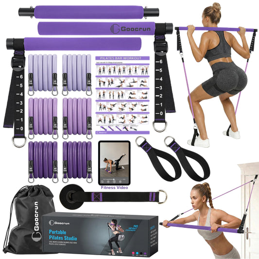 Goocrun Pilates Bar Kit with Resistance Bands for Men and Women - 3 Set Exercise Resistance Bands - Portable Multifunctional Home Gym - Supports Full-Body Workouts – with Fitness Poster and Video