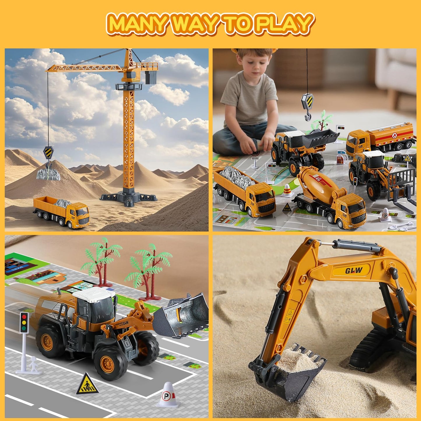 Construction Trucks Toy Set with Yellow Bus Storage and Play Mat – Alloy Inertia Driving Simulation Model Engineering Toys with Scenario Accessories – Ideal Gifts for Ages 3-8, Boys and Girls (5 in 1)