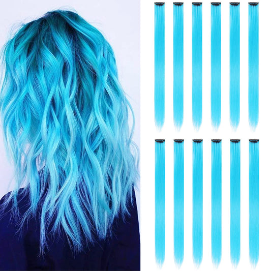 12PCS Colored Sky Blue Hair Extensions Party Highlights Colorful Clip in Hair Extensions 22 Inch Straight Synthetic Hairpieces for Women Kids Girls Halloween Christmas Cosplay(Sky Blue)