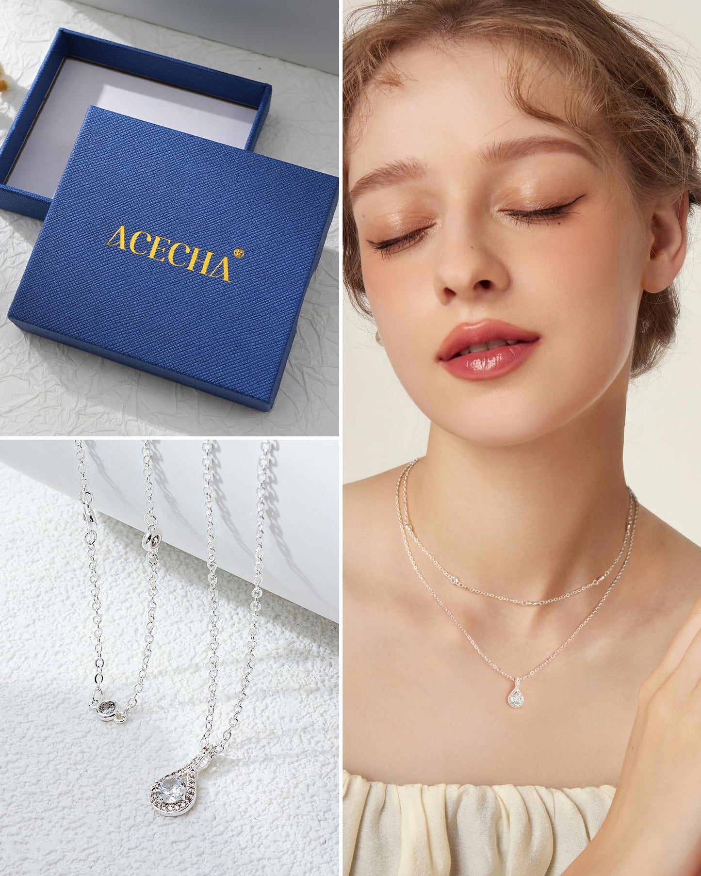 ACECHA Diamond Necklaces for Women-Dainty 18K Gold Silver Plated Choker CZ Layered Pendant with Pearl Diamond Zircon Cross Trendy Minimalist Necklace Jewelry Gifts For Women (silver-layered teardrop)