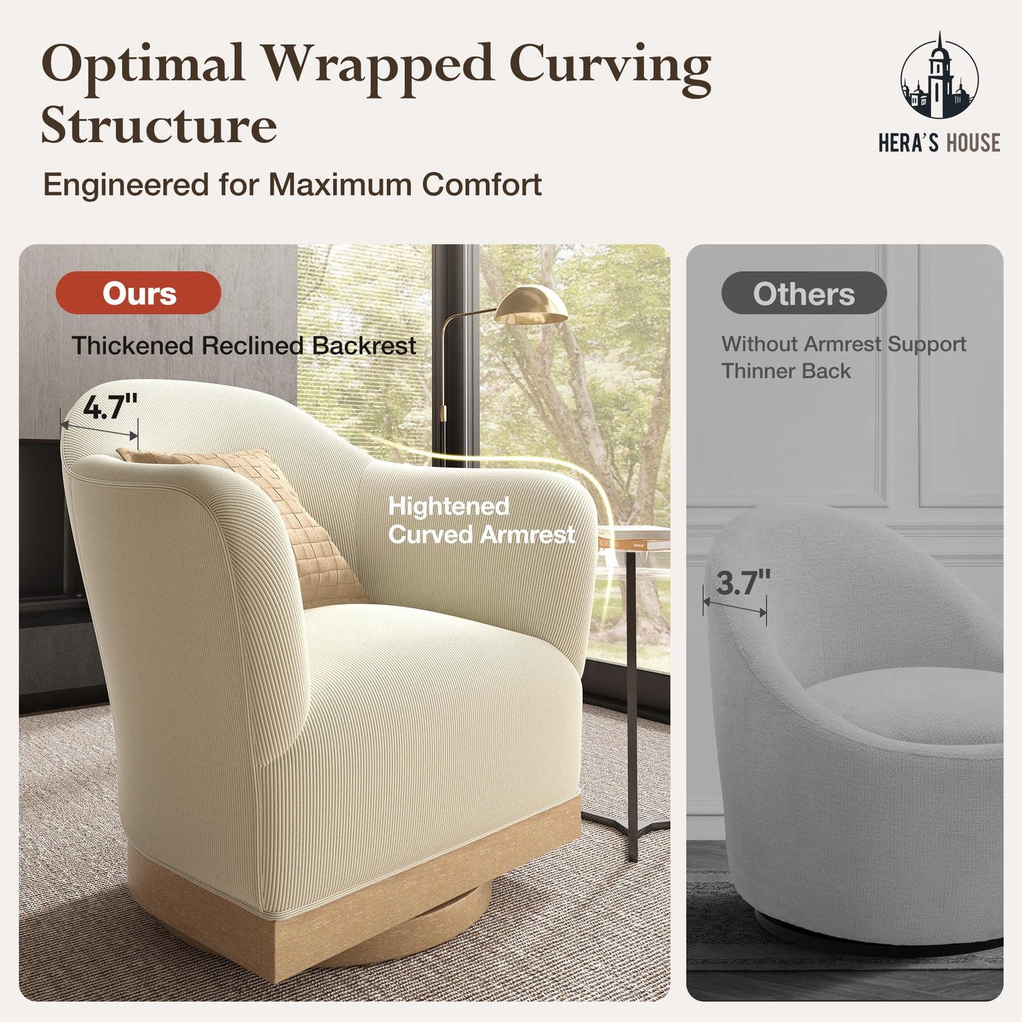 HERA'S HOUSE Swivel Barrel Accent Chair, Modern High-Back Armchair with 400 lbs Reinforced Support, 360°Smooth Swivel for Bedroom, Living Room, Plush Corduroy Upholstery, Fully Assembled, Beige