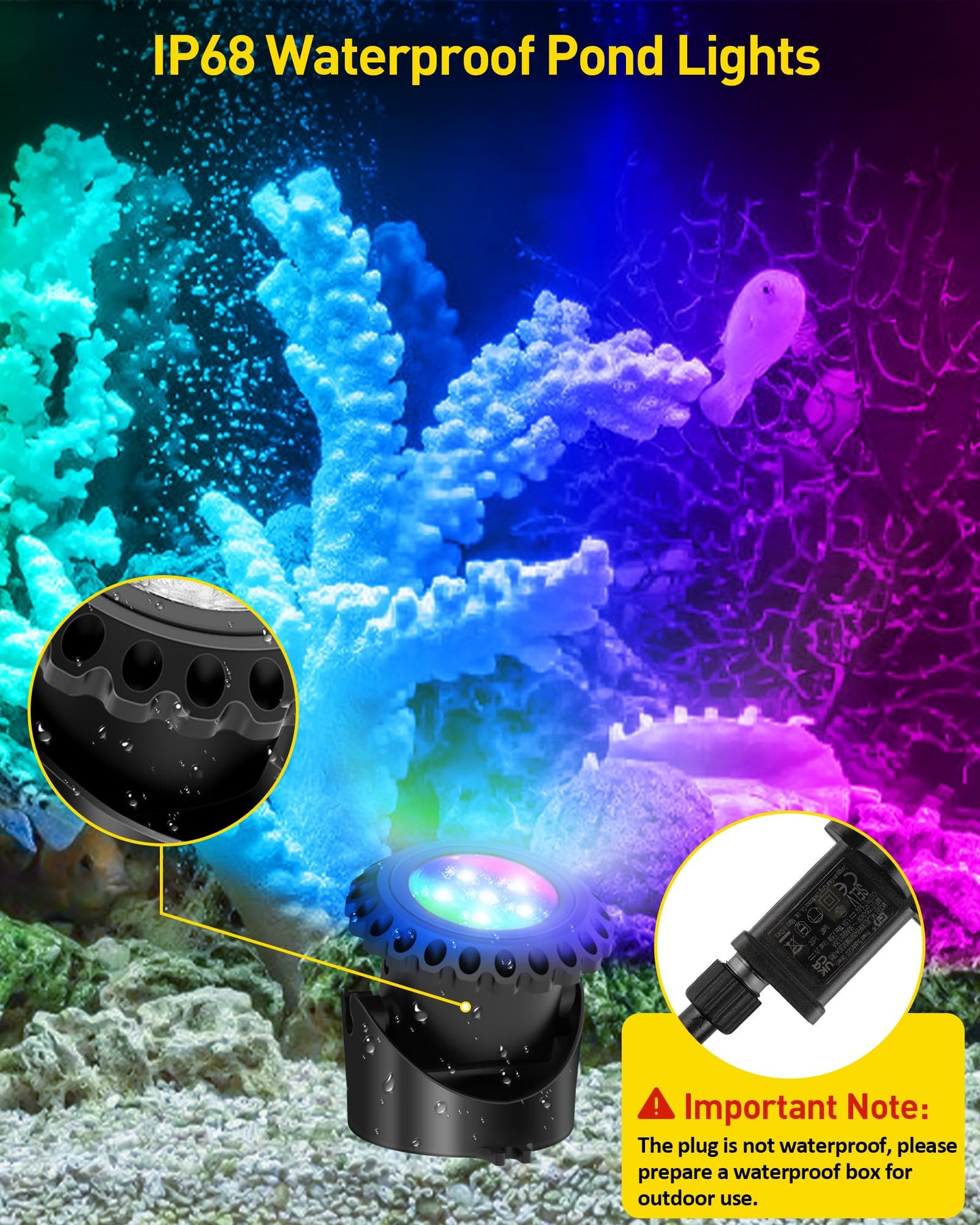 T-SUN Colored Pond Lights, Bright LED Underwater Pond Light Submersible Fountain Lights APP and Remote Control,Dimmable,Timer, IP68 Waterproof Fish Tank Light for Aquarium Fountain Garden (4-Head)