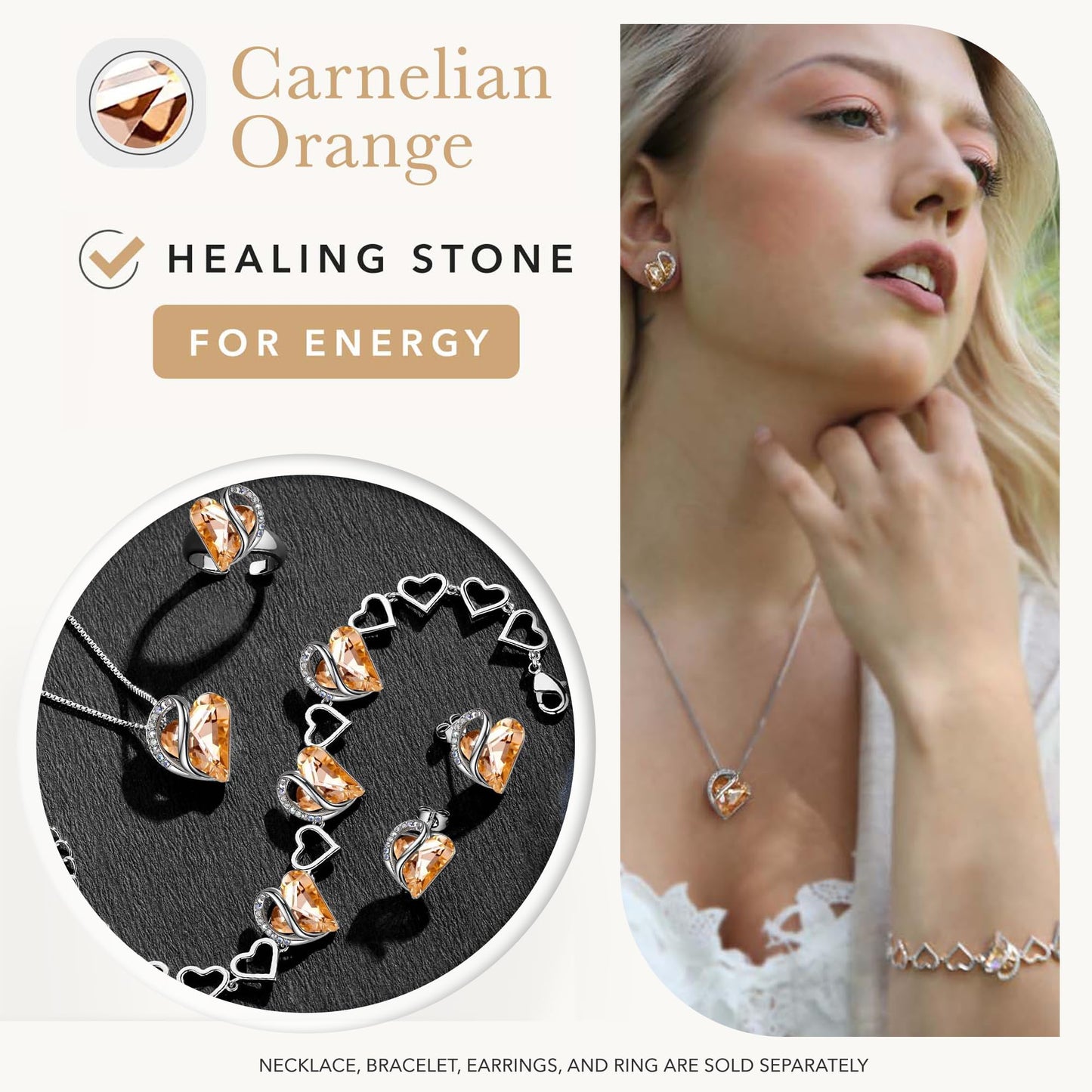 Leafael Gift Necklaces for Women, Infinity Love Heart Pendant, Morganite Orange Pink Healing Crystal for Creativity, Birthday Jewelry for Her, Mom, Wife, Silver Plated, 18" + 2" Chain