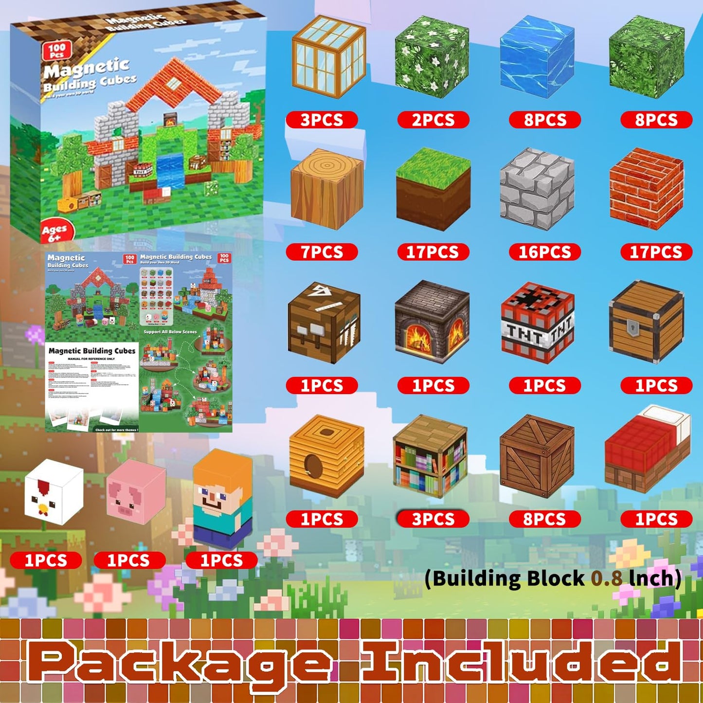 Magnetic Building Blocks for Kids -100 PCS Magnet Blocks, Stacking Magnets for Kids, Sensory Toy for STEM Constructions Magnet Blocks for Girls Age 3+, Birthday Gifts for Toddler (Animal House)