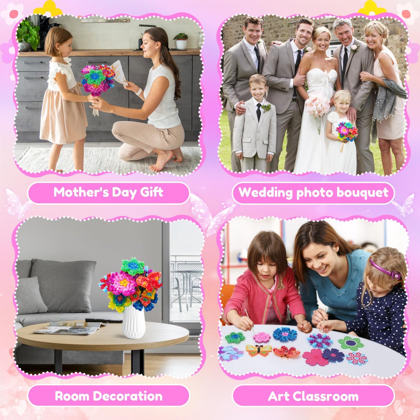 MUNDIDO Poke in Fun Art Flower Bouquet, Mess Free Paper Craft Kits for Kids, DIY Creative Activity Gifts for 6 7 8 9 10 Year Old Girls, Birthday Gifts for Girls Boys Age 5-12 Easter Basket Stuffers