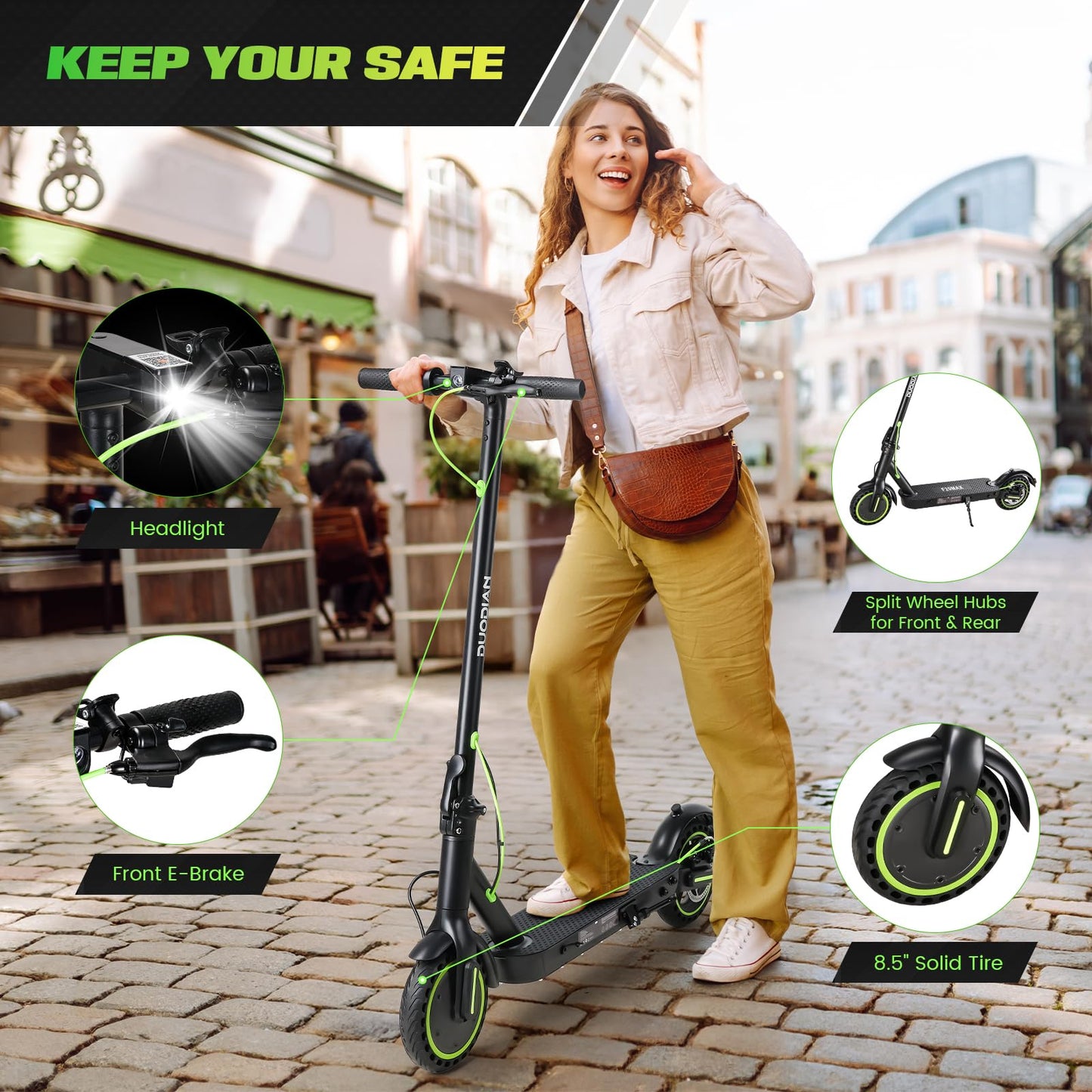 Electric Scooter Adults,Folding E Scooter with 350/500W Motor 19 Mph 18 Miles Range,8.5" Solid Tires Folding Commuting Motorized Kick Scooter (350W 19MPH 7.8AH 18 Miles Dual Rear Suspension - Green)