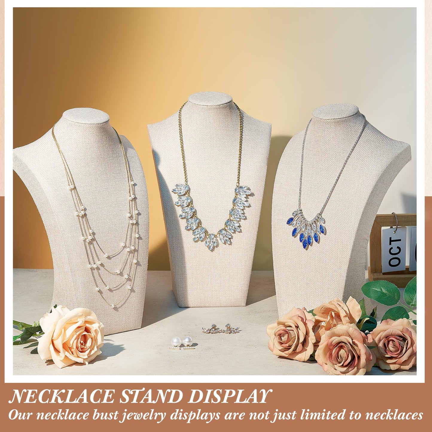Kigley 3 Pcs Linen Jewelry Display Bust Necklace Display Stand Necklace Mannequin Holder for Jewelry Selling Trade Shows(Beige,13.4 x 8.1 Inch)