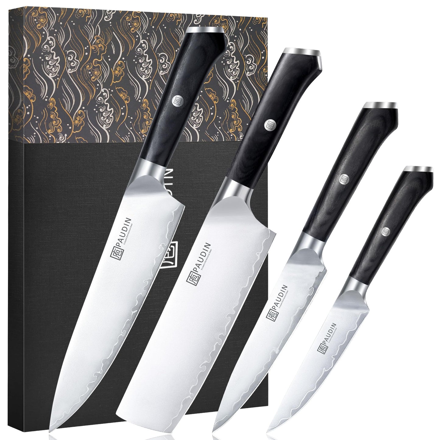 PAUDIN Kitchen Knife Set, 4 Pieces Chef Knife Set, High Carbon Stainless Steel Knife Set, Ultra-Sharp Knives Set for Kitchen with Ergonomic Wooden Handle, Gifts for Men and Women