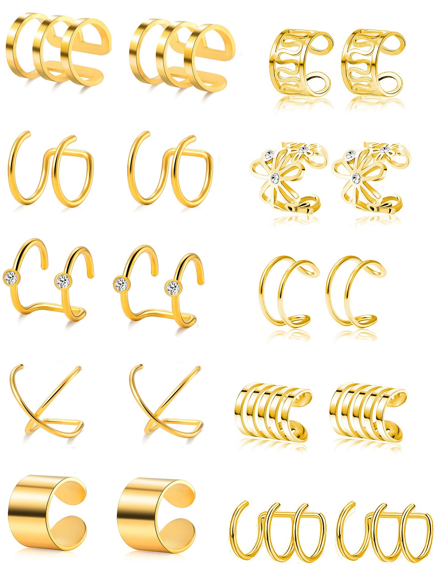 Tornito 4-10 Pairs Stainless Steel Ear Cuff Helix Cartilage Clip On Wrap Earrings Fake Nose Ring Non-Piercing Adjustable (A1:10 Pairs, Gold Tone)