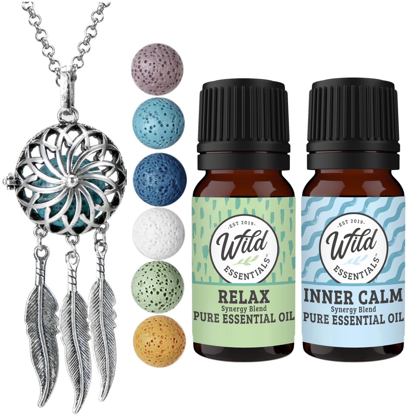 Wild Essentials Dream Catcher Essential Oil Diffuser Necklace Gift Set with Inner Calm & Relax Oils – Nickel Free Alloy Pendant with 6 Lava Stones – USA Made Oils & Perfume Necklace – Family Company