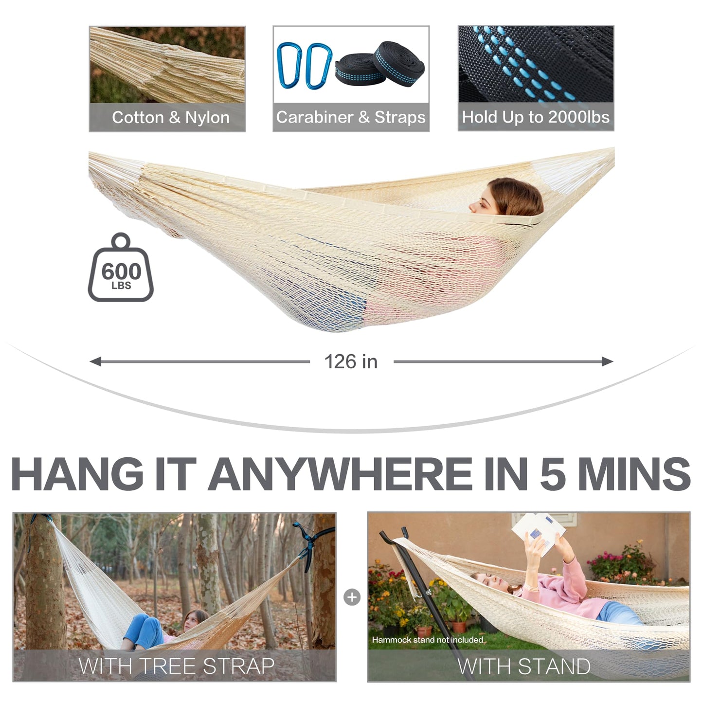 PNAEUT Handwoven Mayan Hammocks, Double Rope Hammock for Outdoor Outside & Indoor, Thick Soft 600 lbs Capacity Heavy-Duty, Includes Tree Straps, Carabiners & Carrying Bag (Nature, X-Large)