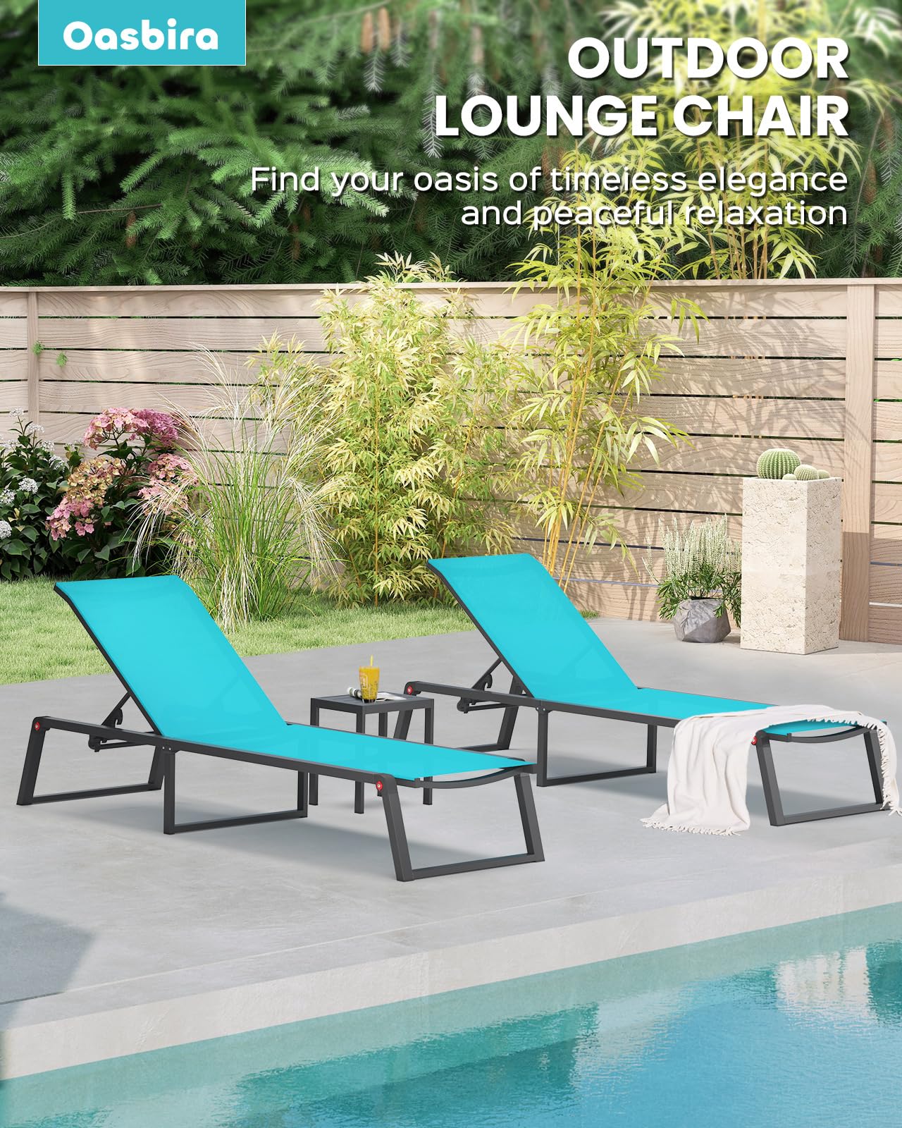 Oasbira Aluminum Chaise Lounge Chair Outdoor, Foldable & Assembly Free Patio Pool Lounge Chairs 5-Position Recliner for Outside Poolside, Fully Grounded Legs Sun Lounger for Beach, Yard, Lake Blue