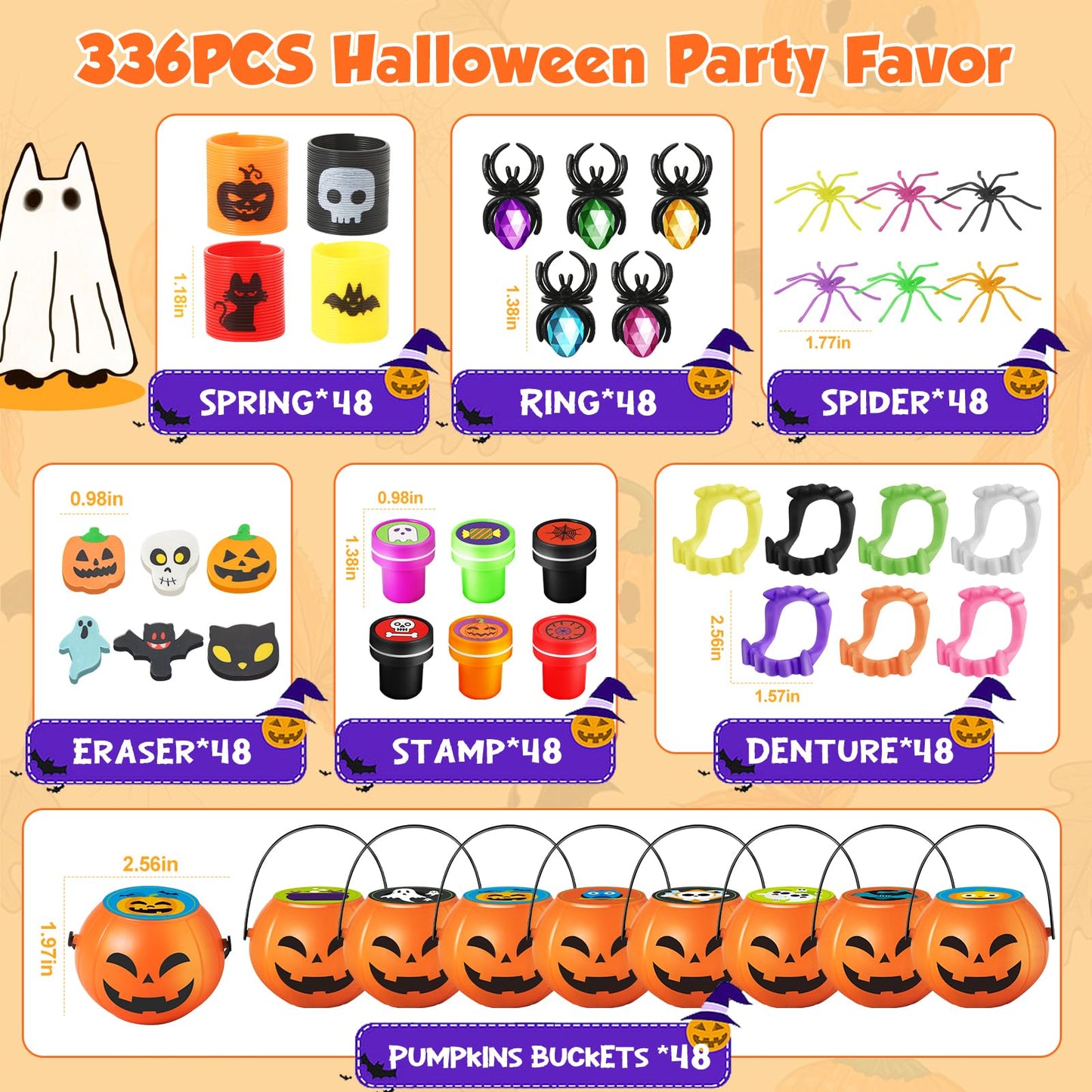 SpringFlower 336 PCS Halloween Party Favors,48 Pack Prefilled Pumpkins With Toys, Halloween Party Favors Bulk Kids Trick or Treat & Classroom School Rewards, Halloween Gifts