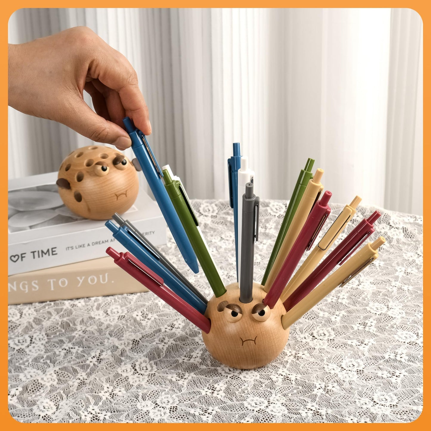Damuzhi Pen Holder For Desk Pencil Holder Wooden Pufferfish- Funny Small Gifts For Kids, Unique Gifts For White Elephant Gift Steacher Gifts