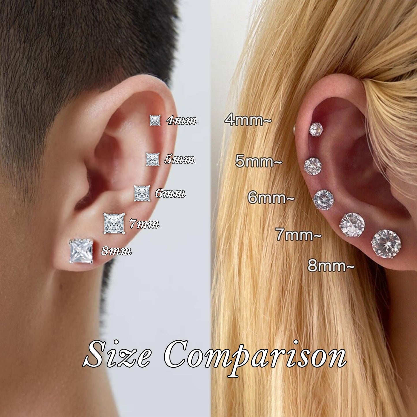 Trinckle Magnetic Earrings for Men and Women, 4 Pairs Clip on Earrings Silver Stainless Steel Studs Hypoallergenic Ear Cuffs Non Piercing Magnet Cubic Zirconia Studs Silver Jewelry