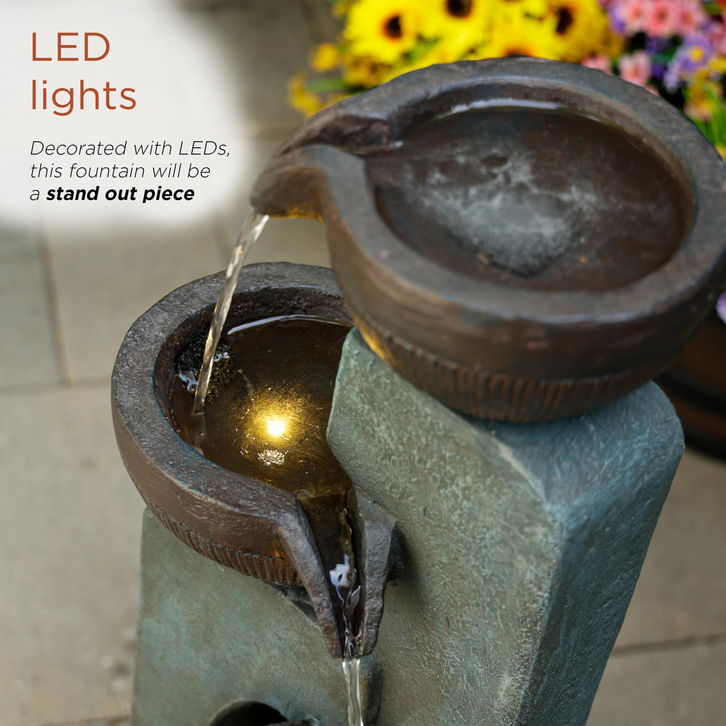 Alpine Corporation TZL396 31" 4 Tier Bowls Cascading Fountain with LED Lights, Elegant Outdoor Water Feature for Garden, Patio, Yard & Outdoor Spaces, Relaxing Waterfall Fountain, Gray