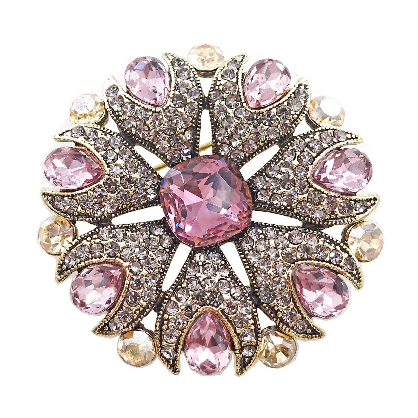 SinglinArt Brooches for Women Girls Pink Flower Round Rhinestone Crystal Jewelry