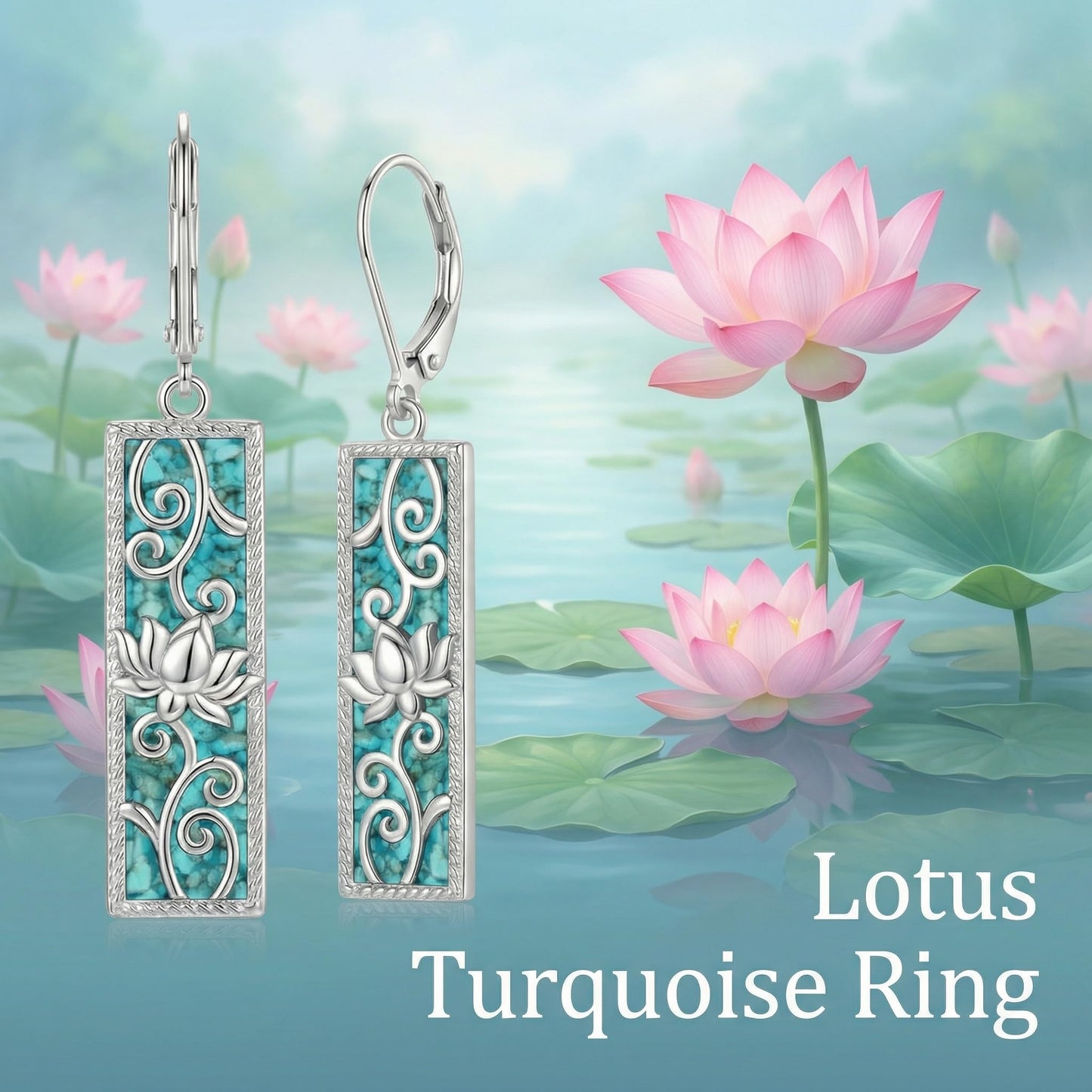 Lotus Earrings 18k White Gold Plated Lotus Filigree Turquoise Dangle Earrings Filigree Turquoise Jewelry Gift for Women Mom