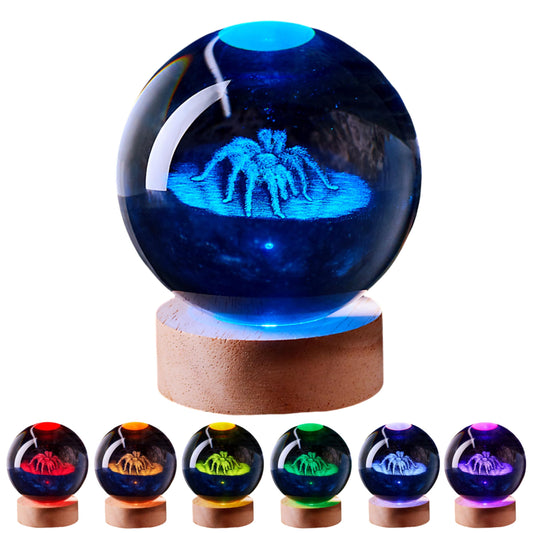 3D Large Spider Crystal Ball Night Light with Wooden Base, Crystal Lamp Gift for Kids Wife Friends, 16 Color Changing with Remote Control, Home Horror Decoration Glass Ball Lamp (Spider)