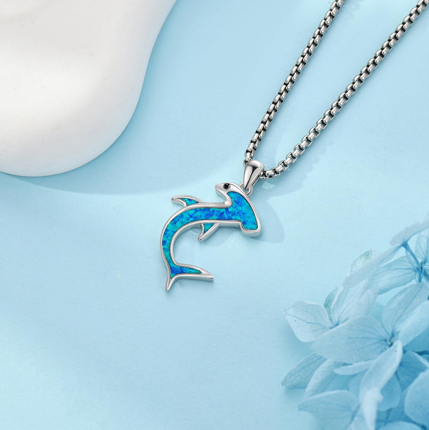 YAFEINI Hammerhead Shark Necklace S925 Sterling Silver Blue Opal Shark Pendant Necklace Hammerhead Sharks Jewelry Gifts for Women Men