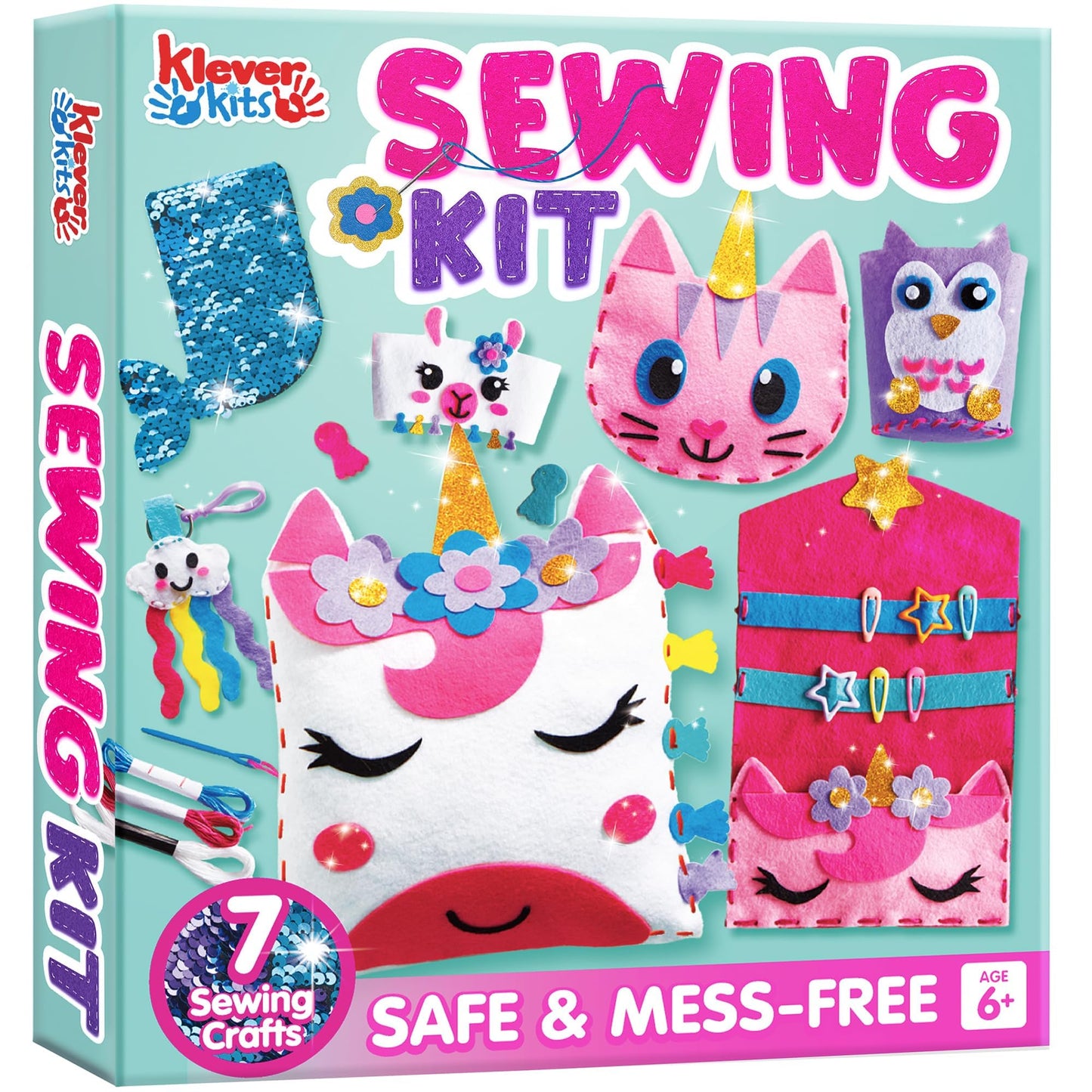 Klever Kits 7 Sewing Projects- My First Kids Sewing Kit- Easy DIY Arts and Crafts for Girls, Craft Kits, Birthday Gifts for Kids Aged 6+, Unicorn and Mermaid Pillow