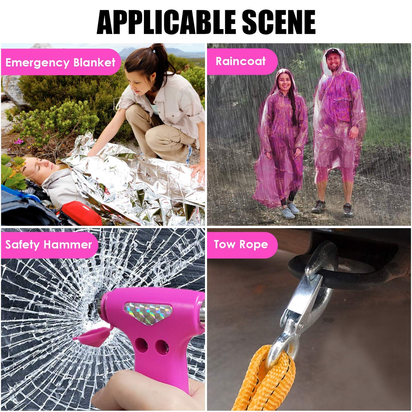 THINKWORK Car Emergency Kit for Teen Girls and Lady's Gifts, Pink Emergency Roadside Assistance Kit with 10FT Jumper, First Aid Kit, LED Flare, Deer Whistles, and More Ideal Pink Accessories Tool