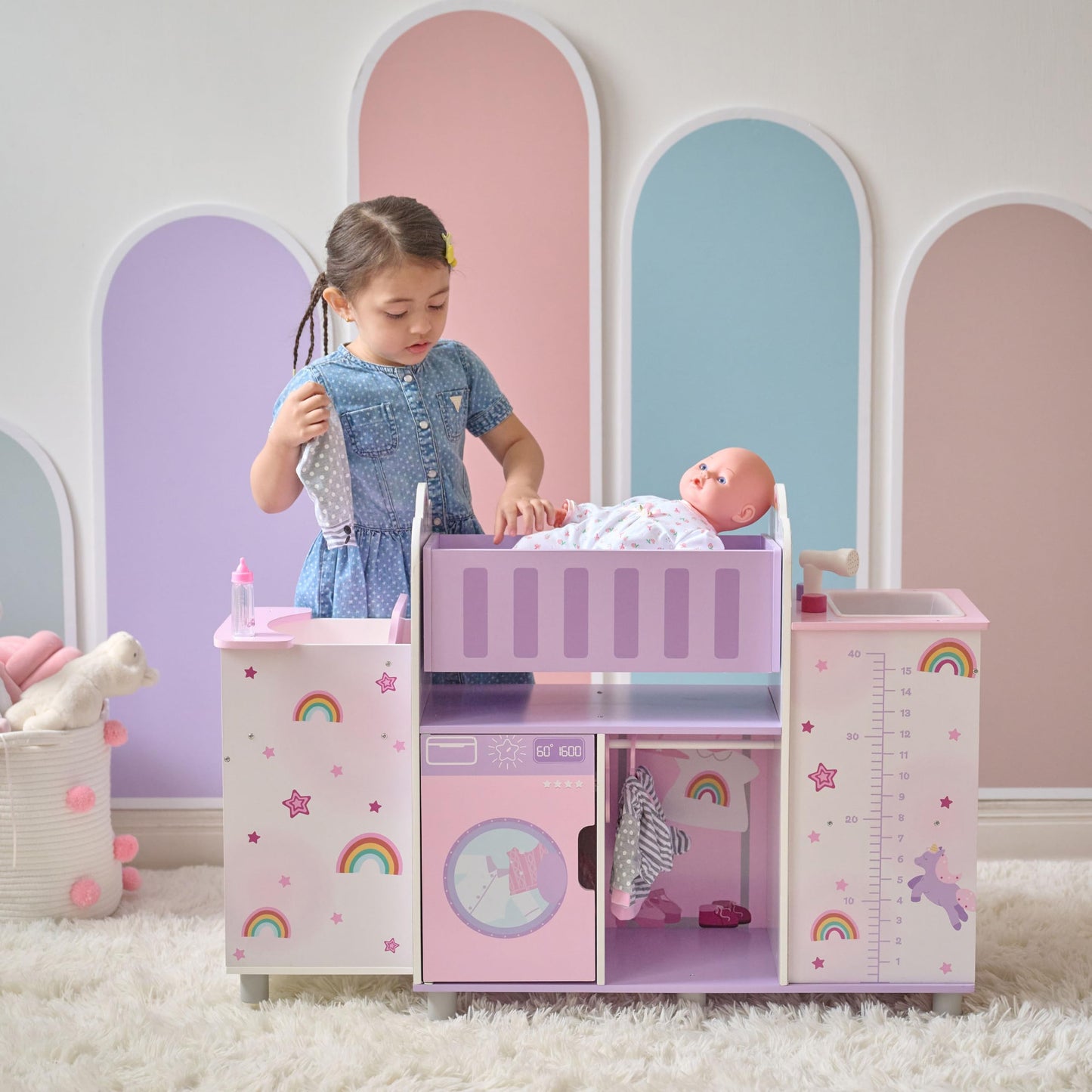 Olivia’s Little World Fantasy Care Doll Nursery 6-in-1 Unicorn Themed Baby Station with Cradle, Washer, High Chair, Sink & Closet with 3 Wooden Hangers for Pretend Play, for Girls Ages 3 and Up