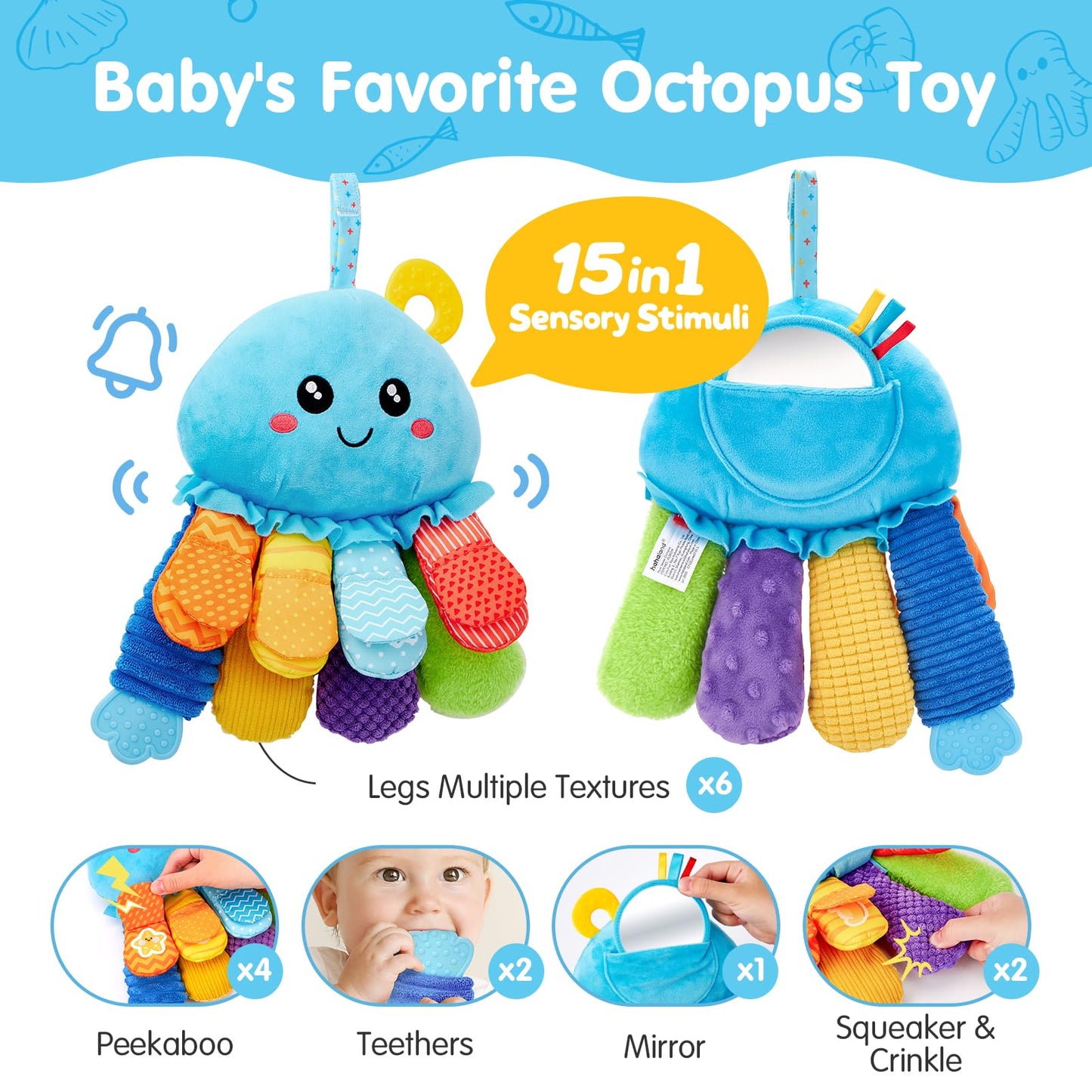 hahaland Baby Sensory Toys 3-6 Month - 15 in 1 Soft Tummy Time Toy with Crinkle Rattle Mirror for Infant Hanging Carseat Toys for 0-6 Month Developmental Newborn Montessori Toy for 3 4 5 6 Months