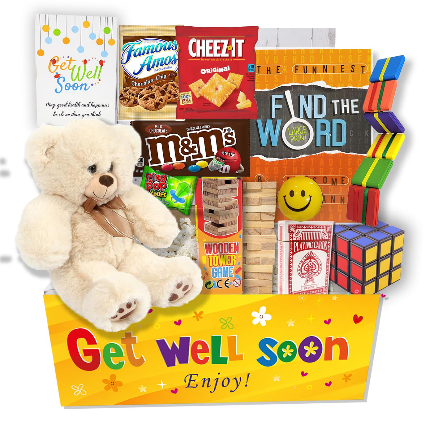 GET WELL SOON care package Gift for KIDS in recovery | Teddy Bear, Candy & Snacks Gift basket w/activities, Hospital or home, Greeting card, bundle package for children boy, girl, Feel better soon
