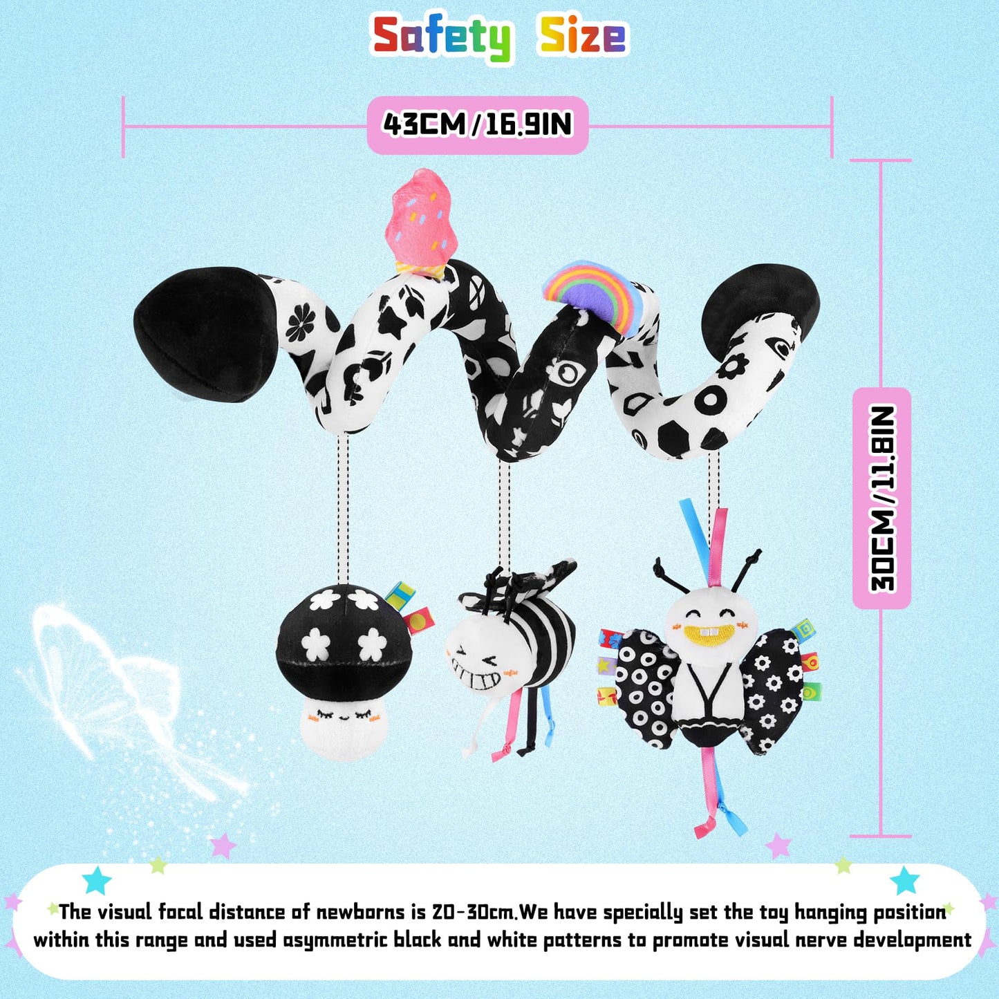 Zendstanding Spiral Car Seat Toys for Babies, 0-6 Months Stroller Pram Activity Hanging Toys High Contrast Black and White Sensory Toy, Newborn Soft Plush Travel Toy for Newborn Boys Girls Gift