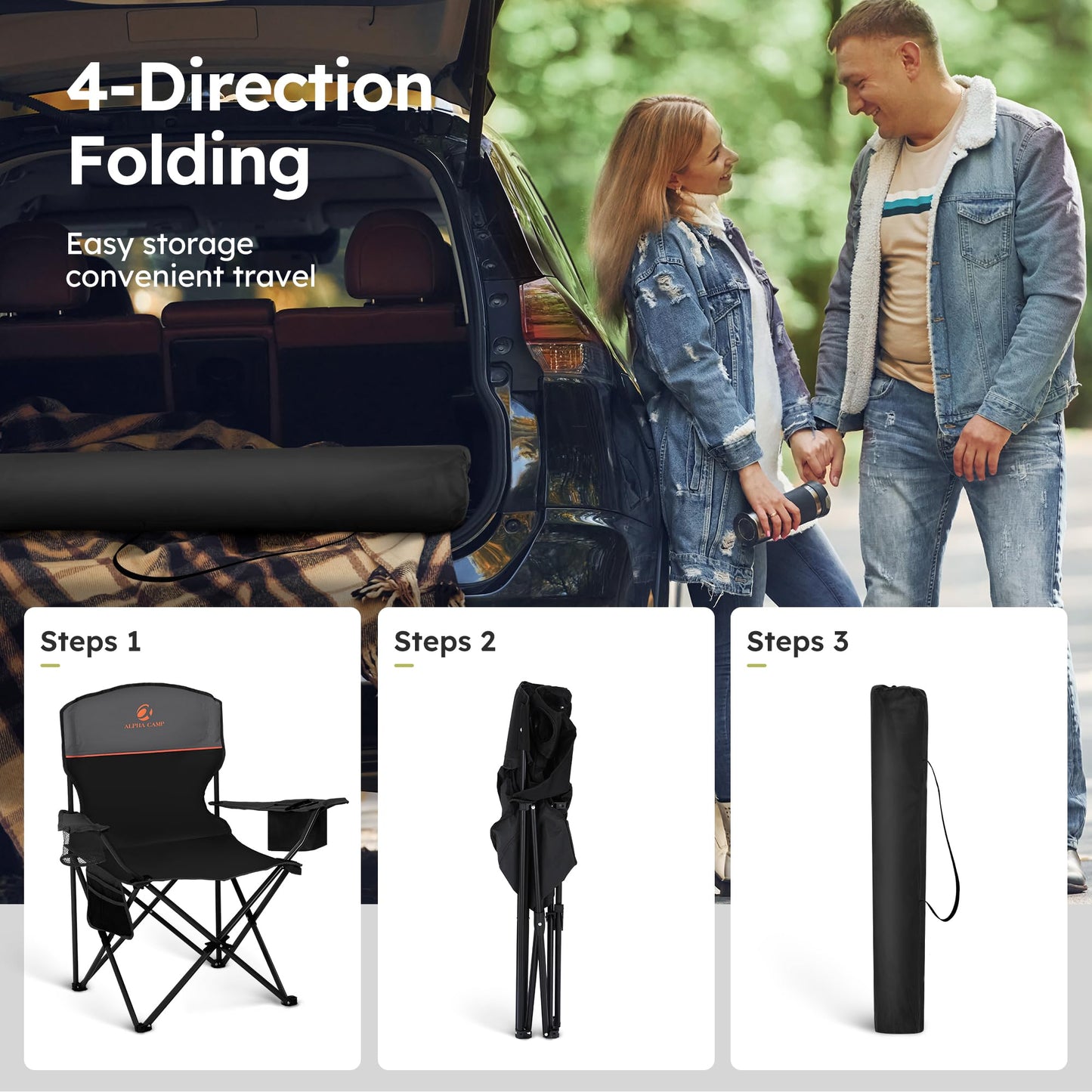 ALPHA CAMP Camping Chairs 350LBS Capacity, Heavy Duty Folding Chair with 4-Can Cooler Bag, Portable Outdoor Chair with Cup Holder for Adults, Collapsible for Tailgating, Beach, Fishing,Black