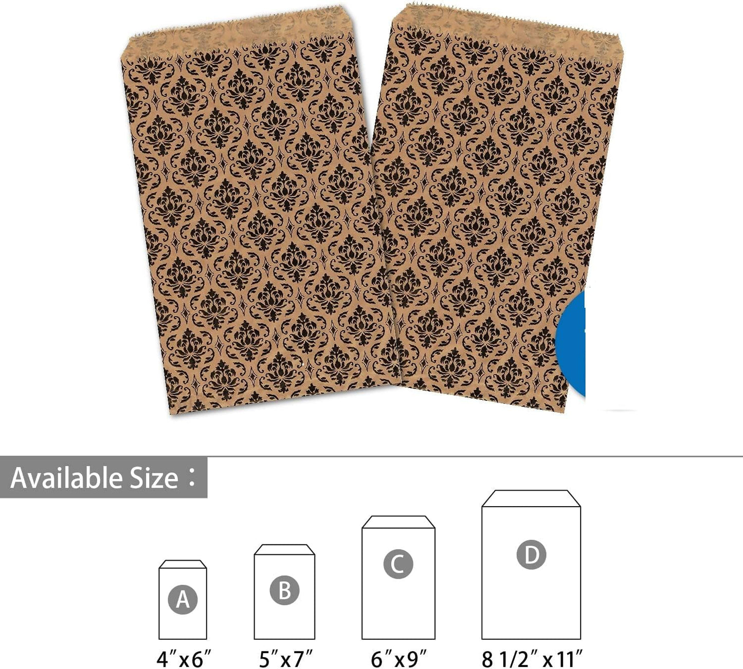 RJ Displays- 100 Pcs Brown Damask Paper Gift Shopping Bags, Sales Tote Bag for Jewelry, Bakery Items, Gift Cards, books, T-Shirt, Crafts and Party Favorss. Size-5" x 7" Inch