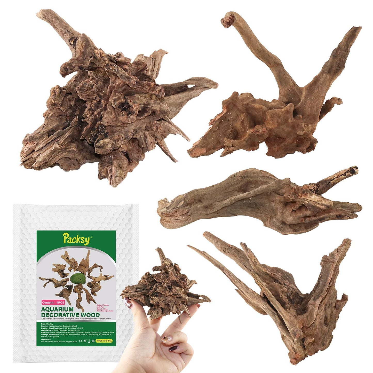 Packsy 4pcs Natural Aquarium Driftwood Decoration,Perfect for Aquascaping,Fish Tanks and Reptile Habitats,Enhances Underwater Aesthetics and Provides Hiding Spots for Fish(4pcs/4-6inches)