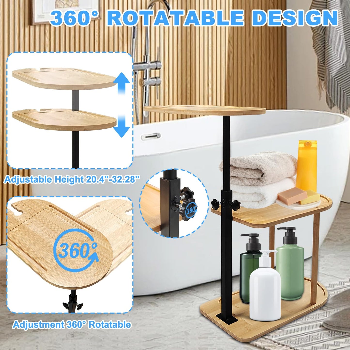 3 Layer Bath Tub Tray Table, Liftable Freestanding Bamboo Bath Tray Caddy for Tub Against Wall, Bath Table Tray Tub Shelf Bathroom Organizer Shelf for Luxury Spa, Bath Home Spa Bathtub Accessories