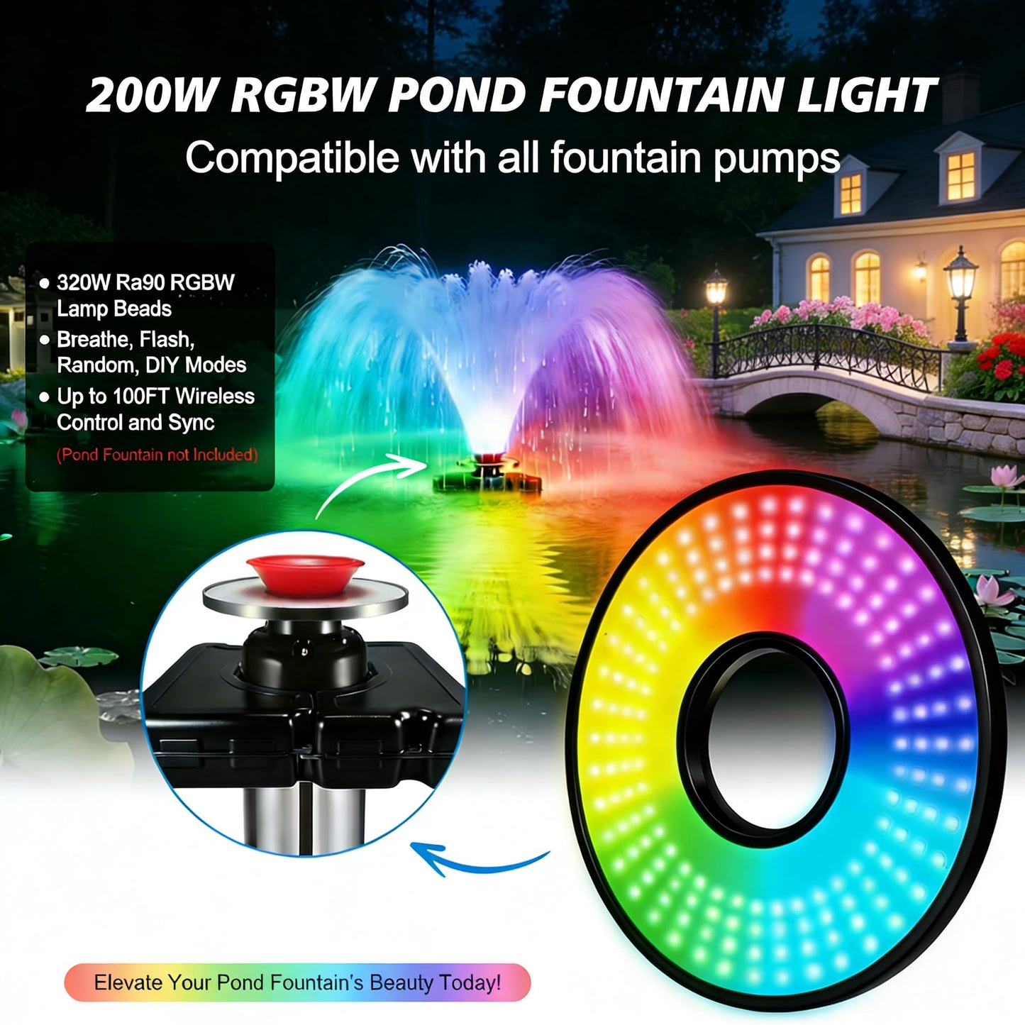 Pond Fountain Aerator Lights RGBW 20000LM LED Fountain Light with 100FT Power Cord AC 120V, 100ft Cable with Controller IP68 Waterproof,Wireless Sync Control with Most Pond Aerators
