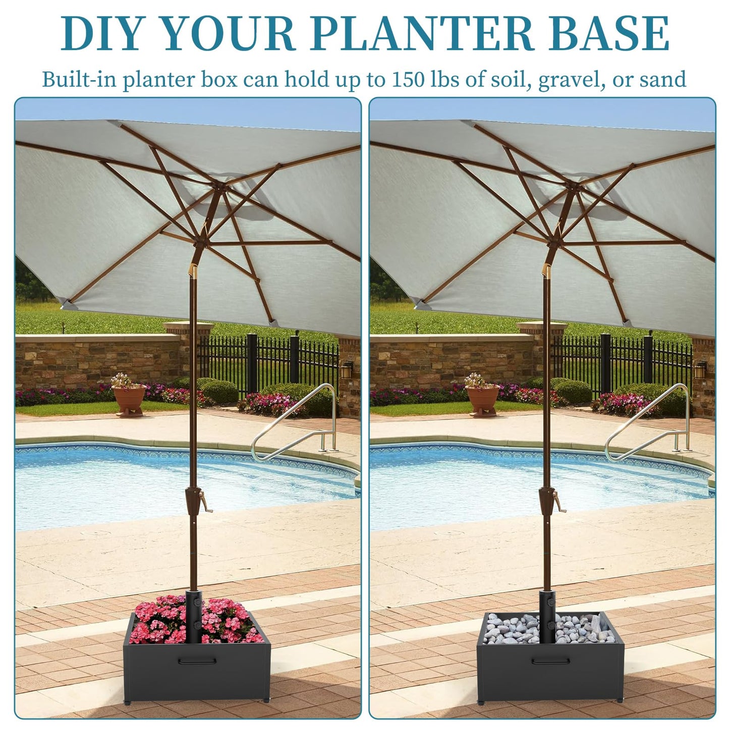 Heavy-Duty Umbrella Base with Wheels,150lb Capacity Fillable Planter Umbrella Stand, Rust-proof Steel Umbrella Holder with Handle & Anti-Collapse Pads, for Outdoor, Patio, Garden, Deck, Poolside, Lawn