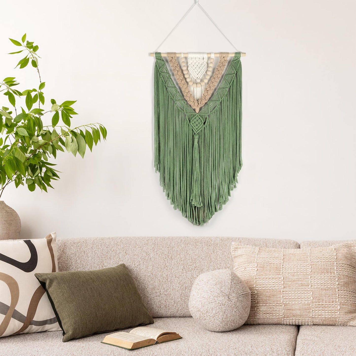 EOBTAIN Green Macrame Wall Hanging Boho Home Decor,Handmade Craft Handwoven Tapestry for Gallery Nursery Living Room,Natural Cotton Cord and Wood Beads Tassel Bohemian Art Decoration,30 Inch