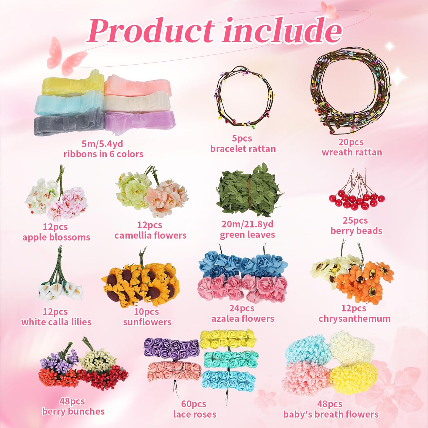 25 Sets DIY Flower Crowns Making Kit, 263 Pcs 10 Different Flowers, Make Your Own Flower Crown Headband Making Kit, Can Make 20 Flower Wreaths and 5 Bracelets for Women Birthday Party Gifts Decor