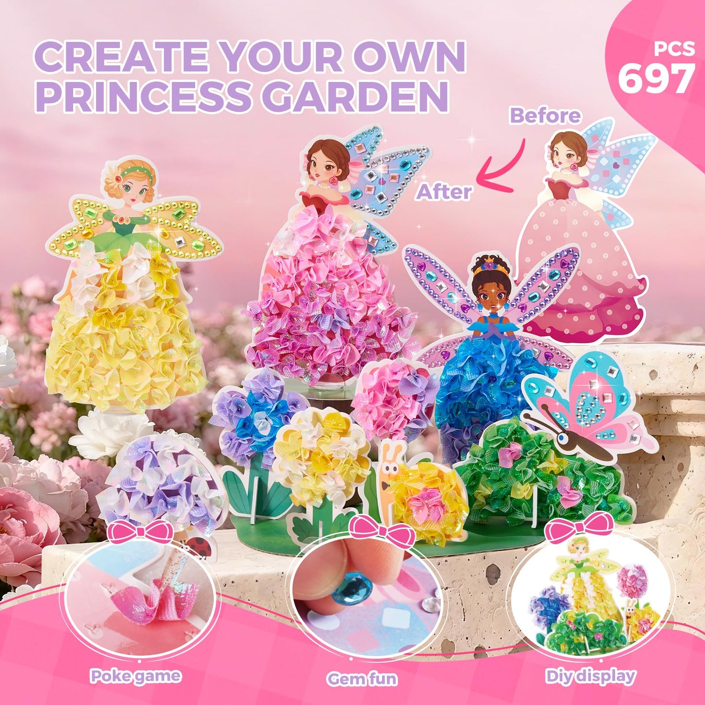 Jar Melo 3 in 1 Princess Garden Poke Crafts Kits for Girls, Diamond Art Kits for Kids, Princess Garden Dress Up Game, Mess Free DIY Crafts Educational Toys, Crafts Birthdays Gifts for Girls 4+